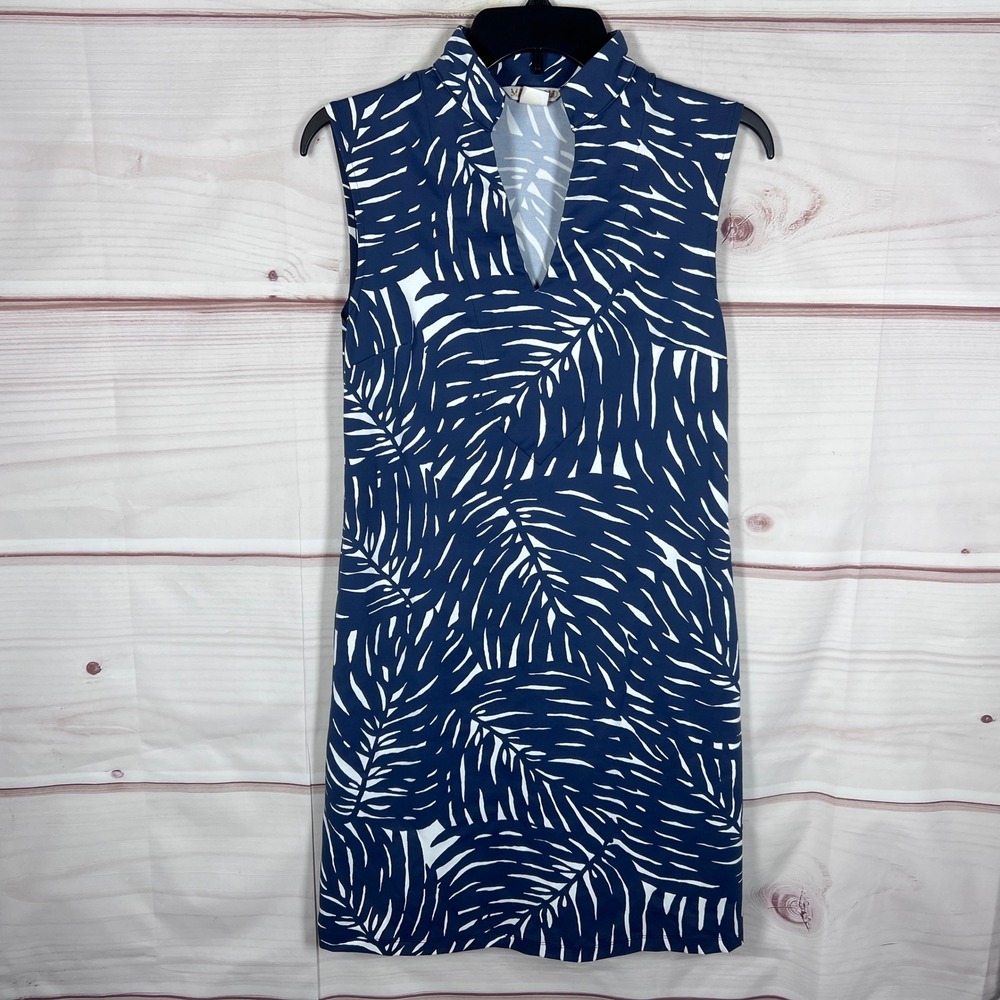 Mahi Gold Dress Women Small Blue Leaf Print Sleeveless Mock Neck Shift Preppy